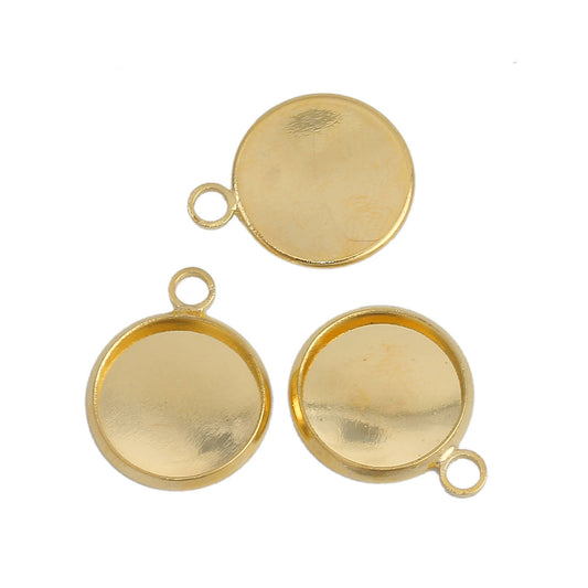 P446 - 10 pcs. Gold Plated Circle Round Bezel Cabochon Pendant Tags Trays - 12mm Glue Pad - Single Loop - Made of Brass!