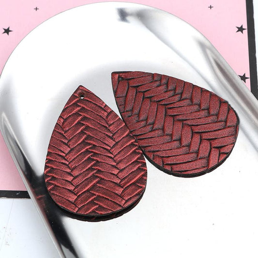 P1074 - 10 pcs Red Faux Leather Dangle Charms Pendants - Teardrop Braided Weave - 56mm (2.2") - Great for Light Earrings or Dangles! Double-Sided
