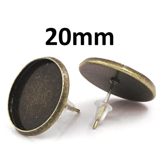 E004 - 10 pcs. Antique Bronze Earring Posts Studs Settings Bezels Cabochons Tacks- 20mm Glue Pad Setting - With Rubber Stoppers!