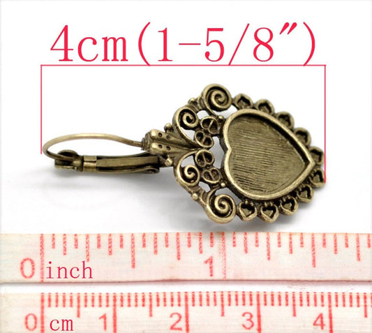 E745 - 10 pcs. Antique Bronze Earring Clips Settings Lever Back Bezels Cabochons - 12mm x 12mm Glue Pad Setting - Heart - Length: 40mm (1.57")
