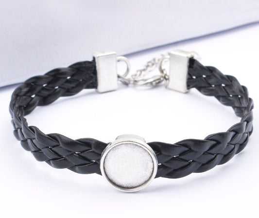 B080 - 2 pcs Black Faux Leather Bracelets with 12mm Glue Pad Bezel Trays and Extender Chains - Adjustable from 7" to 9" - Single Braided Cord