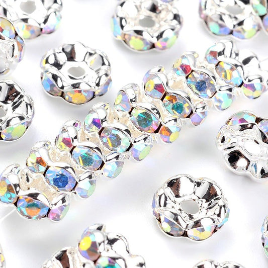 BD501 - 50 pcs Silver Plated Clear Rhinestone Rondelle Spacer Beads - 8mm x 3.8mm - Grade A - Hole Size: 1.5mm - Crystal AB - Curved Edges