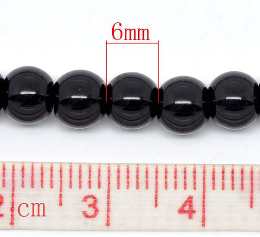 BD077 - 6mm Black Glass Pearl Imitation Round Beads - 32 inch strand