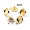 E726B - 50 pcs. Golden Earring Posts Studs Settings Bezels Cabochons Tacks with Loop - 12mm Glue Pad Setting - Perpendicular Loop