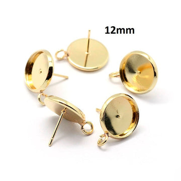 E726B - 50 pcs. Golden Earring Posts Studs Settings Bezels Cabochons Tacks with Loop - 12mm Glue Pad Setting - Perpendicular Loop