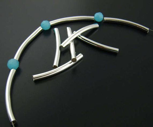 BD539 - 200 pcs. Silver Plated Noodle Tube Long Thin Smooth Curved Beads - 30mm x 3mm (1 1/8") - Made of Copper! High Quality! Hole Size: 2.5mm
