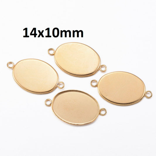 P1188 - 10 pcs. 304 Stainless Steel Golden Oval Bezel Cabochon Cameo Connector Tags Trays - 14mm x 10mm Glue Pad - Tarnish Resistant!