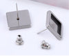 E579 - 6 pcs. Stainless Steel Silver Tone Square Earring Posts Studs Settings Bezels Cabochons Tacks- 12mm x 12mm Glue Pad Setting