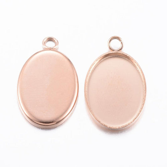 P2045 - 10 pcs. 304 Stainless Steel Oval Bezel Cabochon Pendant Tags Trays - 14mm x 10mm Glue Pad - Setting - Rose Gold - Tarnish Resistant!