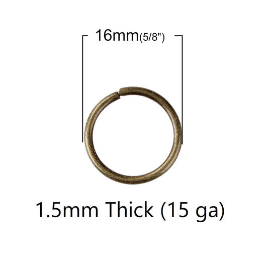J301 - 100 pcs Antique Bronze Open Jump Rings - 16mm - 15 Gauge (1.5mm Thick)
