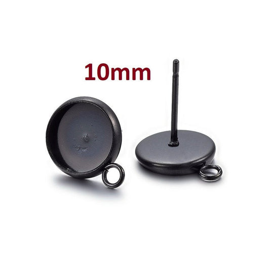 E413 - 10 pcs. 304 Stainless Steel Gunmetal Black Earring Posts Settings Bezels Cabochons Tacks with Loop- 8mm Glue Pad Setting - Parallel Loop