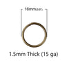 J301B - 500 pcs Antique Bronze Open Jump Rings - 16mm - 15 Gauge (1.5mm Thick)
