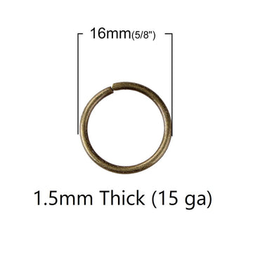 J301B - 500 pcs Antique Bronze Open Jump Rings - 16mm - 15 Gauge (1.5mm Thick)