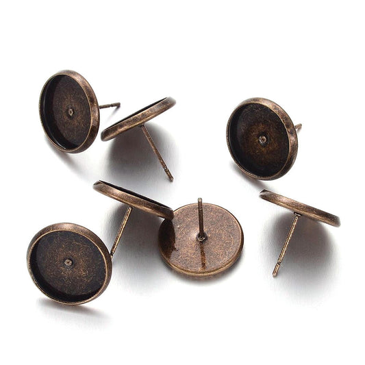 E421 - 50 pcs. Antique Bronze Earring Posts Studs Settings Bezels Cabochons Tacks- 10mm Glue Pad Setting - Made of Brass