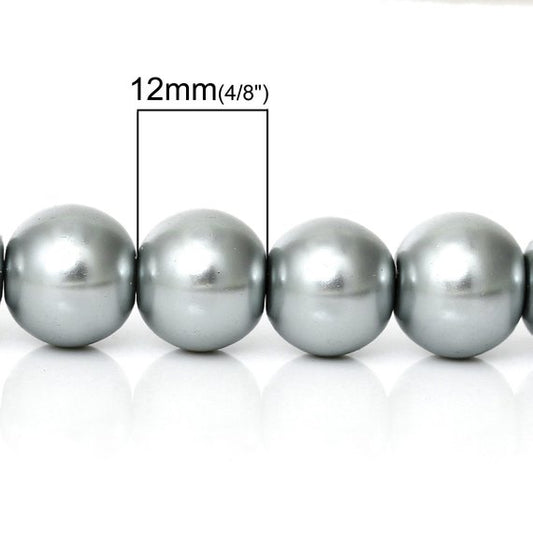 BD190 - 12mm Silver Gray Glass Pearl Imitation Round Beads - 16 inch strand - Approx. 35 Beads - Hole Size: 1mm