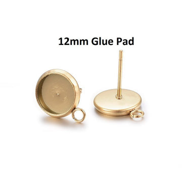 E382 - 10 pcs. 304 Stainless Steel Golden Earring Posts Studs Settings Bezels Cabochons Tacks with Loop - 12mm Glue Pad Setting - Parallel Loop
