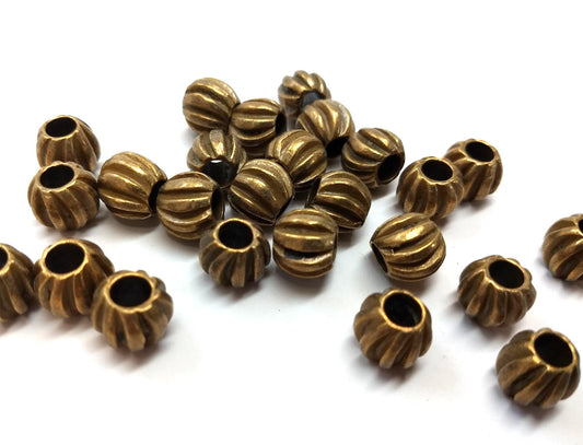 BD720 - 25 pcs Antique Brass Corrugated Striped METAL Ball Spacer Beads - 12mm - Large Hole: 5.5mm - Fits European Cords and Paracord!