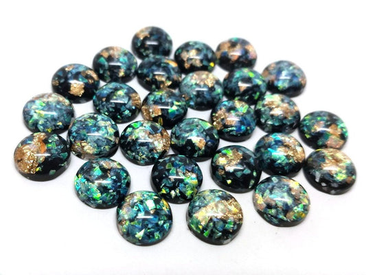 CA853 - 10 pcs Resin Round Embellishment Circle Cabochons Metal Foil Black, Green, Gold - 10mm - Multi-Color Glitter