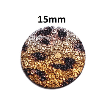 P1167 - 10 pcs. Gold and Black Leopard Glitter Faux Leather Dangle Charms Pendants - Circle - 15mm (0.59") - Double-Sided