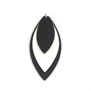 P905 - 10 pcs. Black White Black Faux Leather Dangle Charms Pendants - Leaf - Triple Layer - 71mm (2.8") - Great for Light Earrings or Dangles