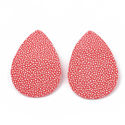 P255 - 10 pcs. Red Pebble Faux Leather Dangle Charms Pendants - Teardrop - 56mm (2.2") - Great for Light Earrings! Double Sided