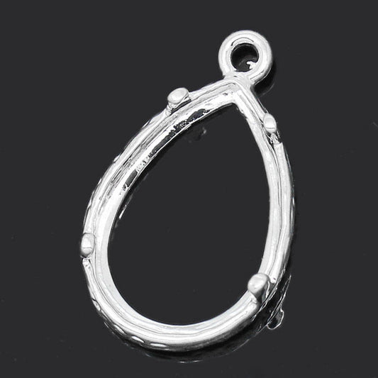 P416 - 5 pcs. Silver Plated Teardrop Bezel Frame Cabochon Pendant Tags Trays - 14mm x 10mm Glue Pad - Setting