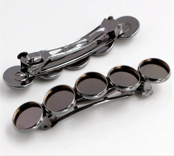 H069A - 2 pcs Gunmetal French Hair Barrettes Hair Clips - 71mm x 14mm - 12mm Glue Pad - LARGE - 5 Bezels
