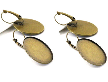 E608 - 10 pcs. Antique Bronze Earring Clips Settings Lever Back Bezels Cabochons - 25mm x 18mm Glue Pad Setting - Oval