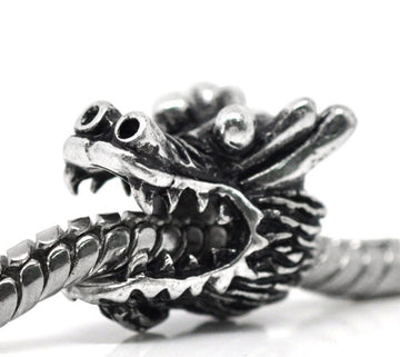 BD502 - 10 pcs Antique Silver Dragon Head European Spacer Charm Beads - 13mm x 11mm - Hole Size: 5mm - Fits European Cords and Paracord!