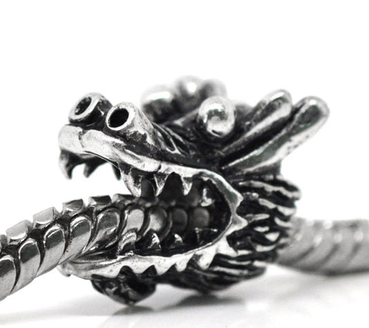 BD502 - 10 pcs Antique Silver Dragon Head European Spacer Charm Beads - 13mm x 11mm - Hole Size: 5mm - Fits European Cords and Paracord!