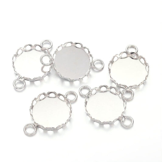 P487 - 10 pcs. Silver Tone Circle Round Bezel Cabochon Cameo Connector Tags Trays - 12mm Glue Pad - Crown Scalloped Edge