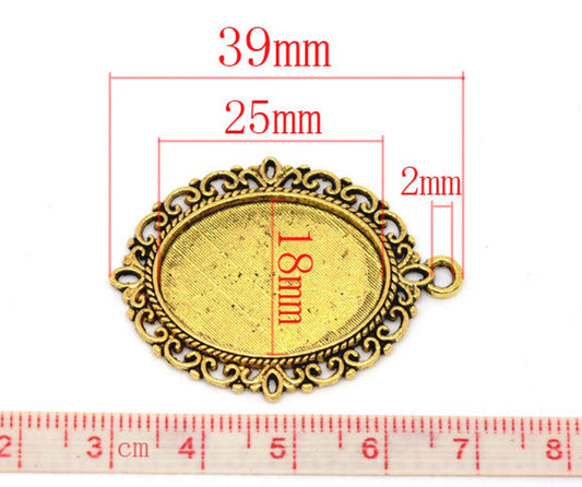 P2210 - 10 pcs. Antique Gold Plated Oval Pendant Picture Photo Frame Bezel Setting Pendants Charms - 25mm x 18mm Glue Pad for Cabochons - 25x18mm