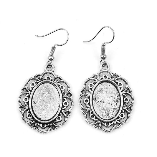 E794 - 10 pcs. Antique Silver Tone Earring Dangle Hooks Settings Bezels Cabochons - 18mm x 13mm Glue Pad Setting - Ornamented - Carved - Oval