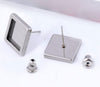 E579 - 6 pcs. Stainless Steel Silver Tone Square Earring Posts Studs Settings Bezels Cabochons Tacks- 12mm x 12mm Glue Pad Setting