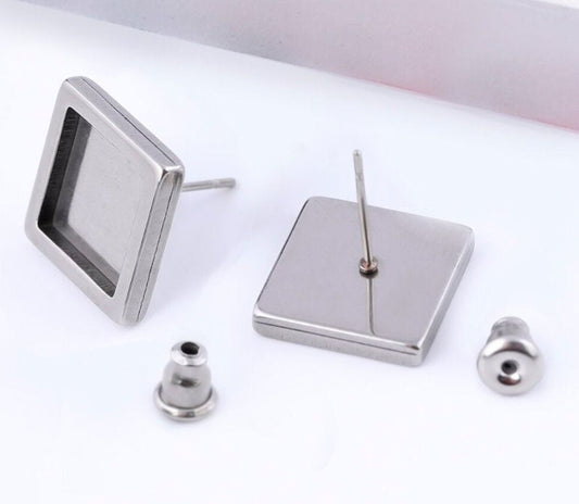 E579 - 6 pcs. Stainless Steel Silver Tone Square Earring Posts Studs Settings Bezels Cabochons Tacks- 12mm x 12mm Glue Pad Setting