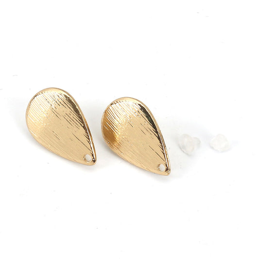 E539 - 10 pcs. Gold Plated Earring Posts Studs Settings Tacks with Hole - Drop - Leaf - Teardrop - 20mm x 13mm - Hole Size: 1.3mm - Brushed Style
