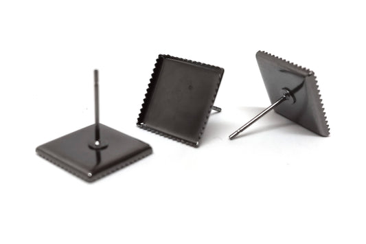 E468 - 10 pcs. Gunmetal Square Earring Posts Studs Settings Bezels Cabochons Tacks- 12mm x 12mm Glue Pad Setting - Spike Frame