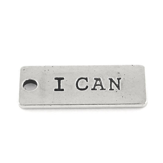 P343A - 5 pcs. Antique Silver "I CAN" Rectangle Charms Pendants - 25mm X 10mm - Hole Size: 2.5mm