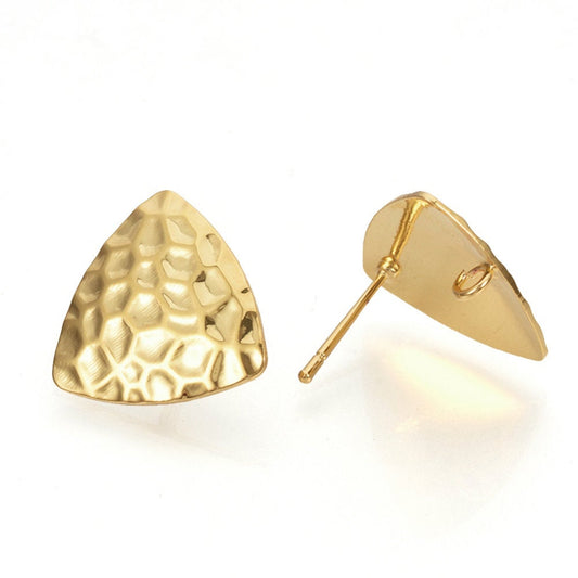 E712 - 10 pcs. (5 pairs) Gold Tone Earring Posts/Bases/Studs/Settings - Hammered Style - Triangle - 16.5mm x 17mm Glue Pad - Hole Size: 2mm