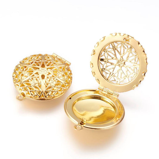 P606 - 5 pcs. Gold Golden Tone Carved Round Perfume Diffuser Pendant Photo Picture Locket Box - 32mm X 27mm ( 1 1/4" x 1")