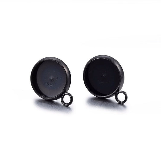 E413 - 10 pcs. 304 Stainless Steel Gunmetal Black Earring Posts Settings Bezels Cabochons Tacks with Loop- 8mm Glue Pad Setting - Parallel Loop