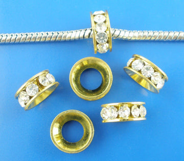 BD635 - 10 pcs. Gold Plated Clear Rhinestone Rondelle Spacer Beads - 10mm x 5mm - Hole Size: 5.4mm - Fits European Cords and Paracord!