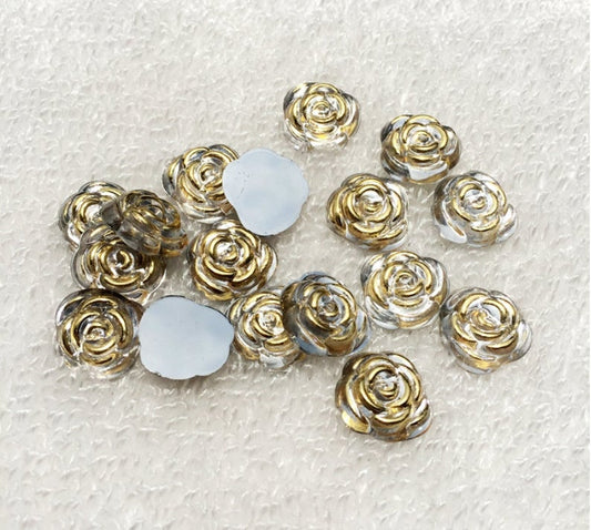 CA965 - 10 pcs (5 Pairs) Resin Cabochons - 15mm - Rose Flower Design - Clear Golden - Fit on 12mm flat settings! - Silver Back