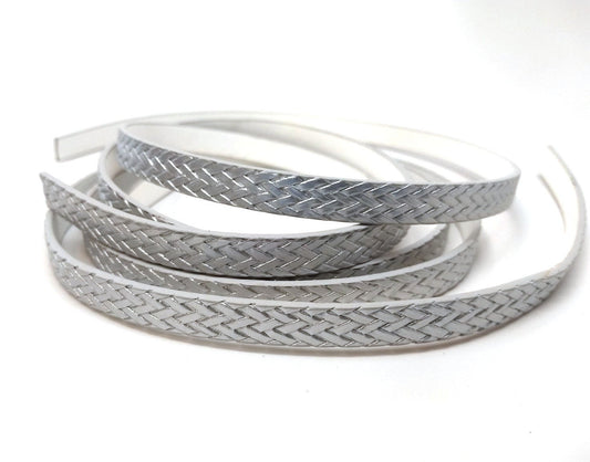 N175 - 1M (3.28 FT) - Silver FLAT Faux Leather Jewelry Cord - 10mm Wide - BRAIDED