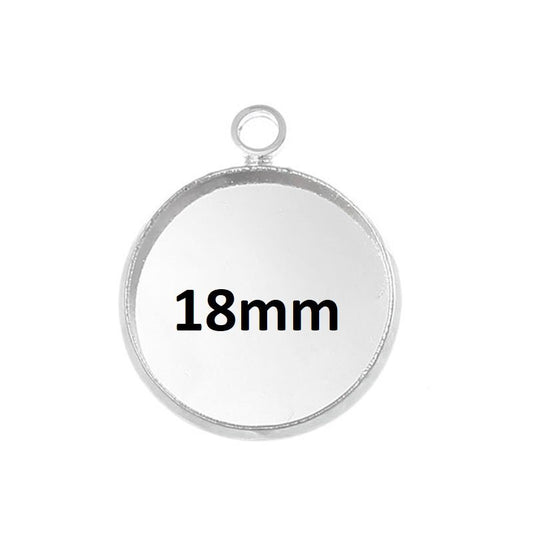 P220 - 10 pcs. Silver Plated Circle Round Bezel Cabochon Pendant Tags Trays - 18mm Glue Pad - Single Loop