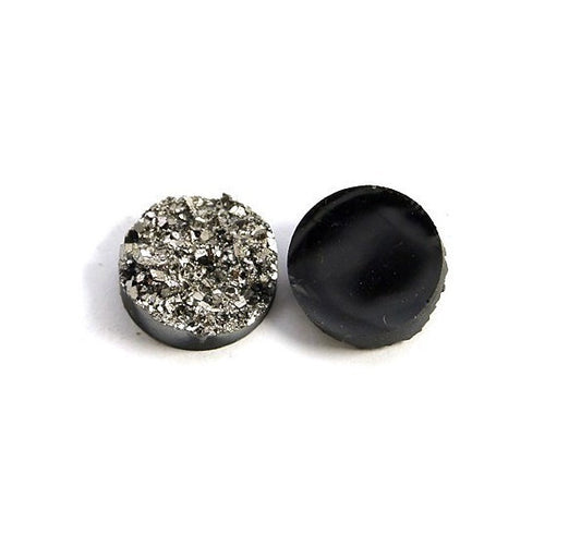 CA151 - 10 pcs Druzy Resin Embellishment Cabochons Dark Grey Gray Silver Gunmetal - 12mm Diameter - Circle - 5mm Thick