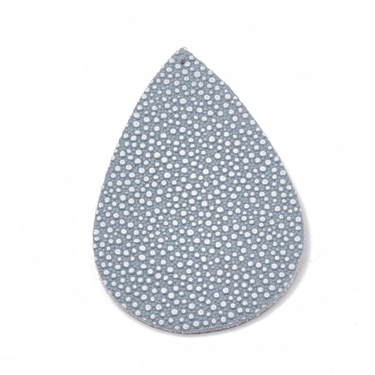P256 - 10 pcs. Blue Gray Silver Pebble Faux Leather Dangle Charms Pendants - Teardrop - 56mm (2.2") - Great for Light Earrings! Double Sided