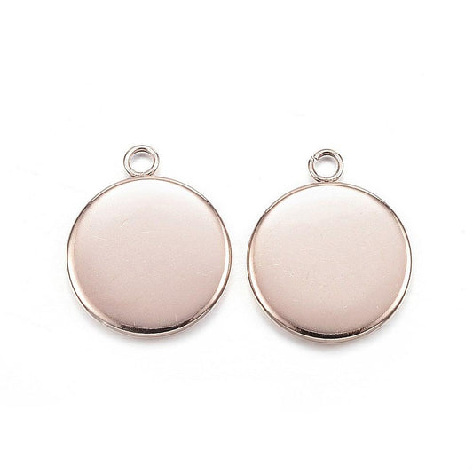 P816 - 10 pcs. 304 Stainless Steel Rose Gold Plated Circle Round Bezel Cabochon Pendant Tags Trays - 12mm Glue Pad - Single Loop - Hypoallergenic