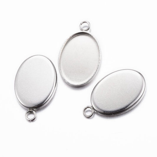 P447 - 10 pcs. 304 Stainless Steel Oval Bezel Cabochon Pendant Trays - Smooth - 22 x 14mm Glue Pad - Silver Tone - Tarnish Resistant!