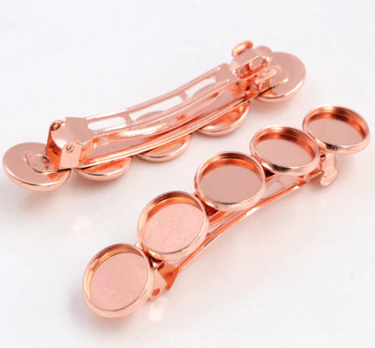 H068A - 2 pcs Rose Gold French Hair Barrettes Hair Clips - 71mm x 14mm - 12mm Glue Pad - LARGE - 5 Bezels
